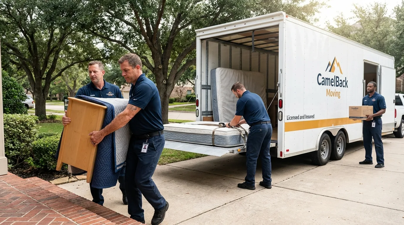 Crew loading residential truck for cross-state move from Leslie, MI