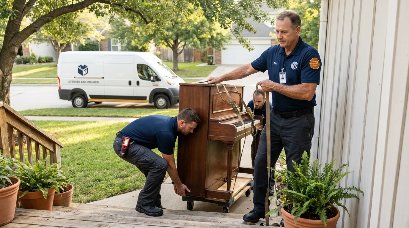 Licensed piano movers securing grand piano in Leslie, MI