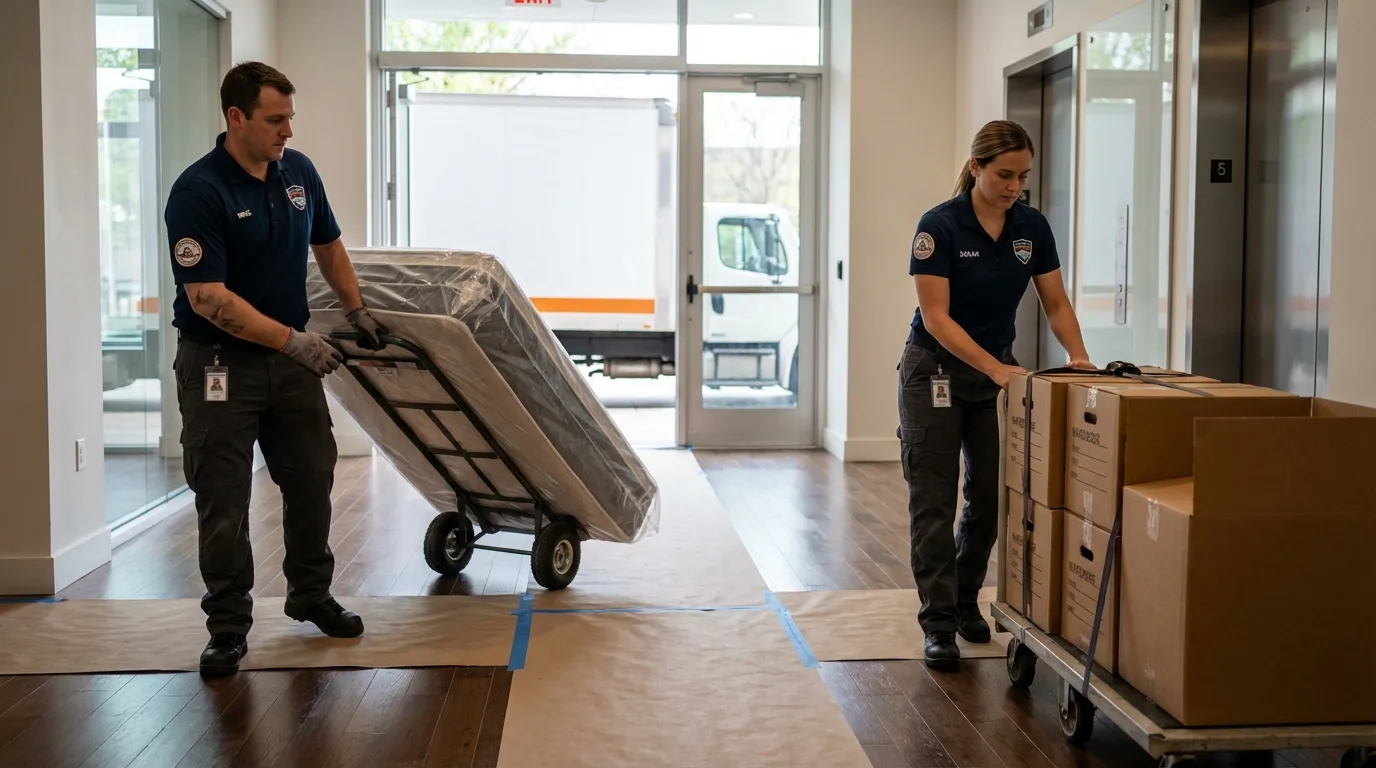 Professional apartment movers loading elevator in Leslie, MI
